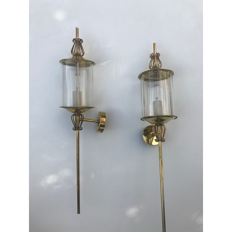 Pair of vintage sconces for Lunel in glass and brass 1960