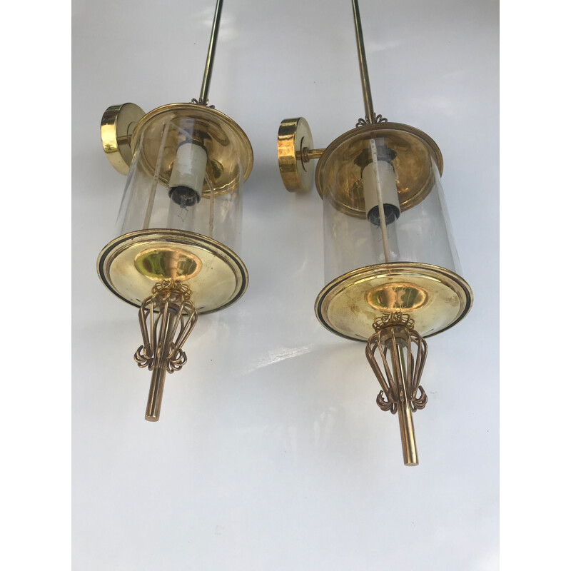 Pair of vintage sconces for Lunel in glass and brass 1960