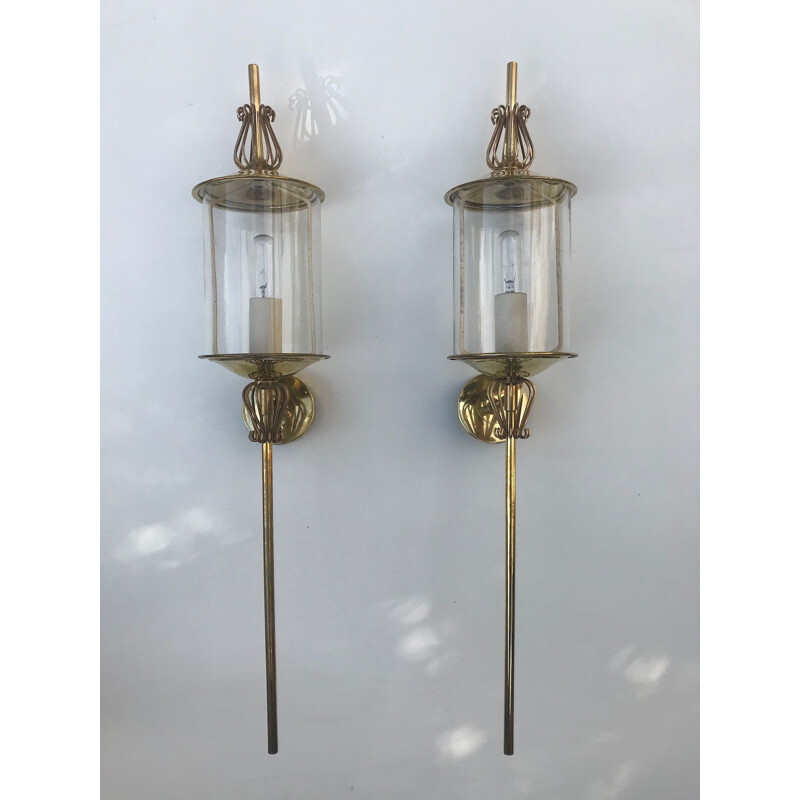 Pair of vintage sconces for Lunel in glass and brass 1960