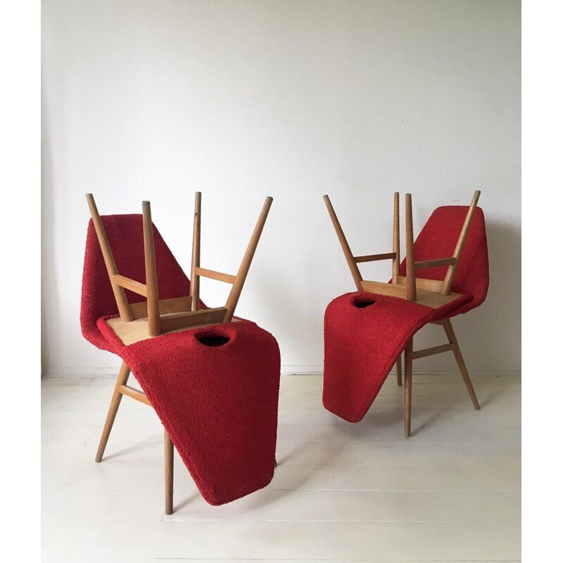 Set of 4 vintage red fabric chairs by Burian and Szek, 1950