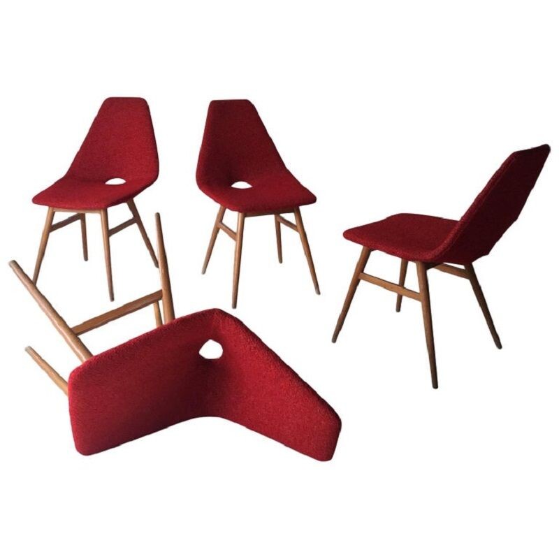 Set of 4 vintage red fabric chairs by Burian and Szek, 1950