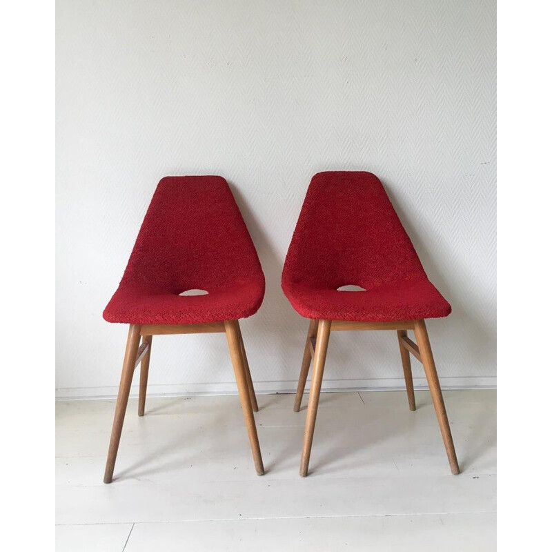 Juego de 4 sillas vintage en tela roja de Burian y Szek, 1950