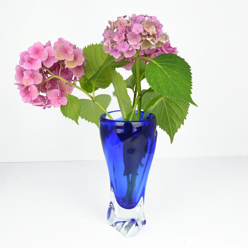 Vintage blue glass vase by J. Beranek Skrdlovice, Czechoslovakia 1960