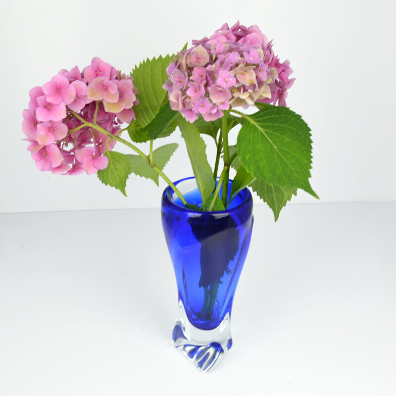 Vintage blue glass vase by J. Beranek Skrdlovice, Czechoslovakia 1960