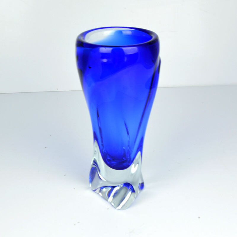 Vintage blue glass vase by J. Beranek Skrdlovice, Czechoslovakia 1960