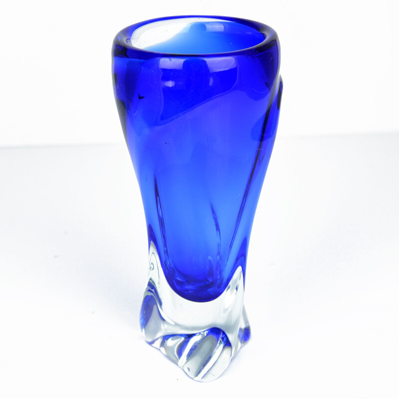 Vintage blue glass vase by J. Beranek Skrdlovice, Czechoslovakia 1960