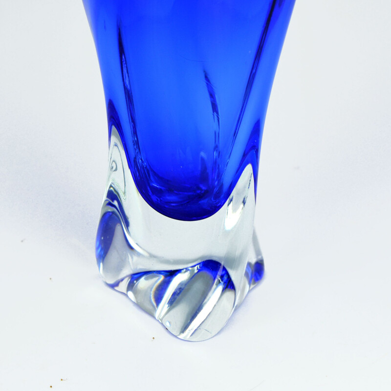 Vintage blue glass vase by J. Beranek Skrdlovice, Czechoslovakia 1960