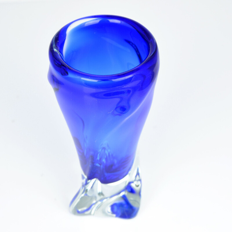 Vintage blue glass vase by J. Beranek Skrdlovice, Czechoslovakia 1960