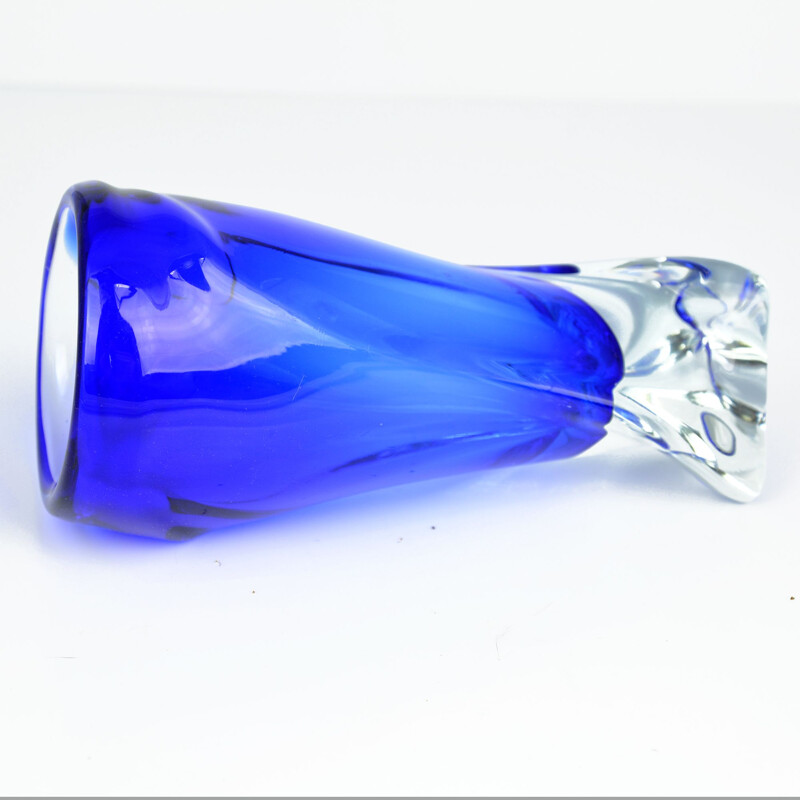 Vintage blue glass vase by J. Beranek Skrdlovice, Czechoslovakia 1960