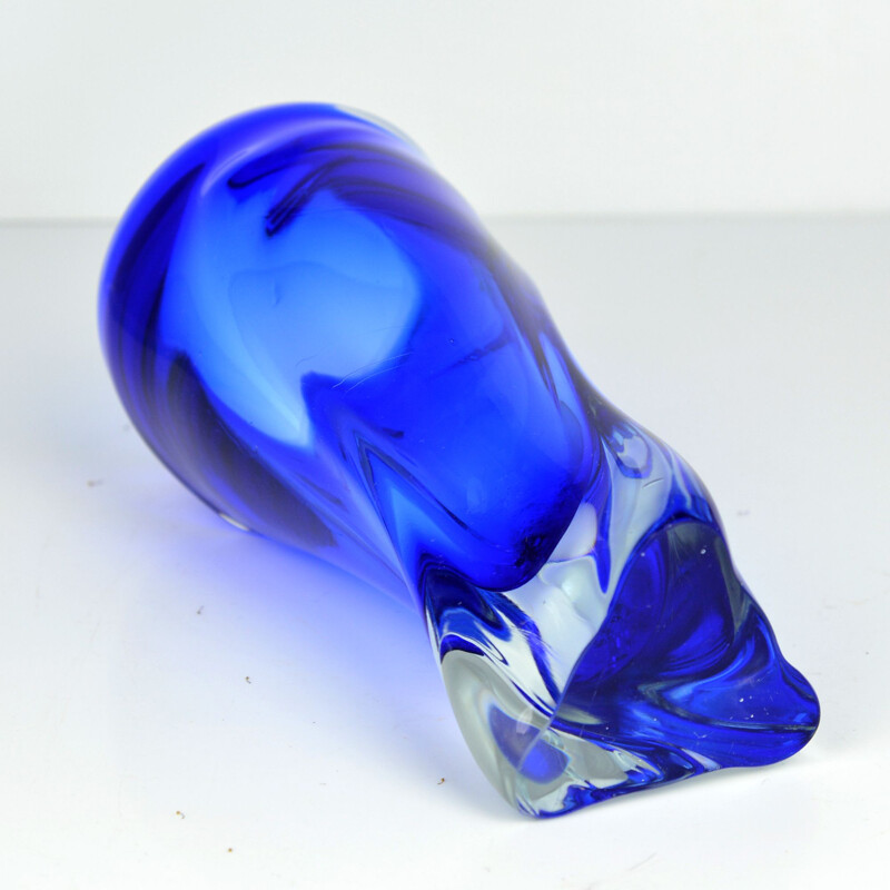 Vintage blue glass vase by J. Beranek Skrdlovice, Czechoslovakia 1960