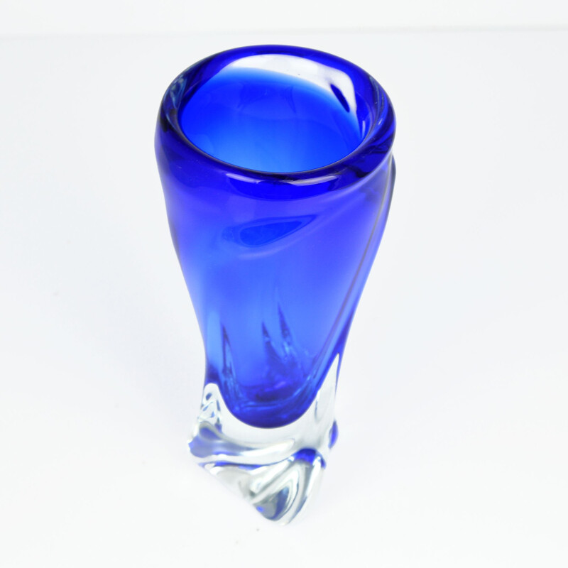 Vintage blue glass vase by J. Beranek Skrdlovice, Czechoslovakia 1960