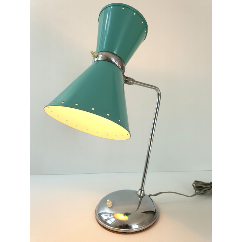 Vintage diabolo table lamp in green steel 1950
