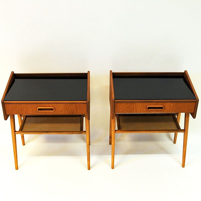 Pair of vintage bedside tables in teak and glass Sweden 1960s