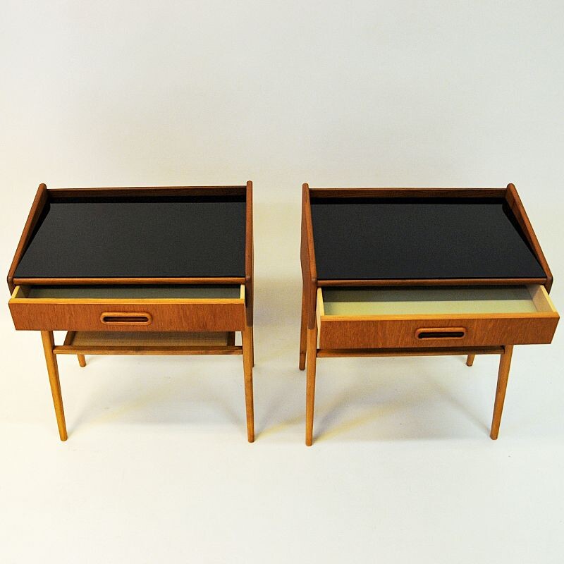 Pair of vintage bedside tables in teak and glass Sweden 1960s