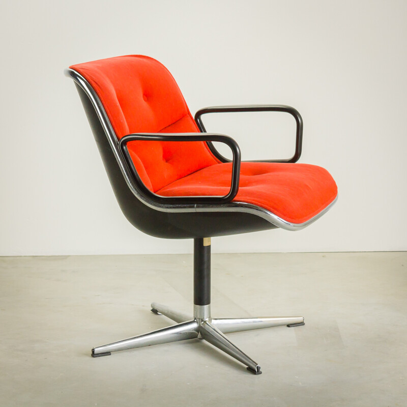Knoll International red velvet and metal swivel chair, C. POLLOCK - 1960s