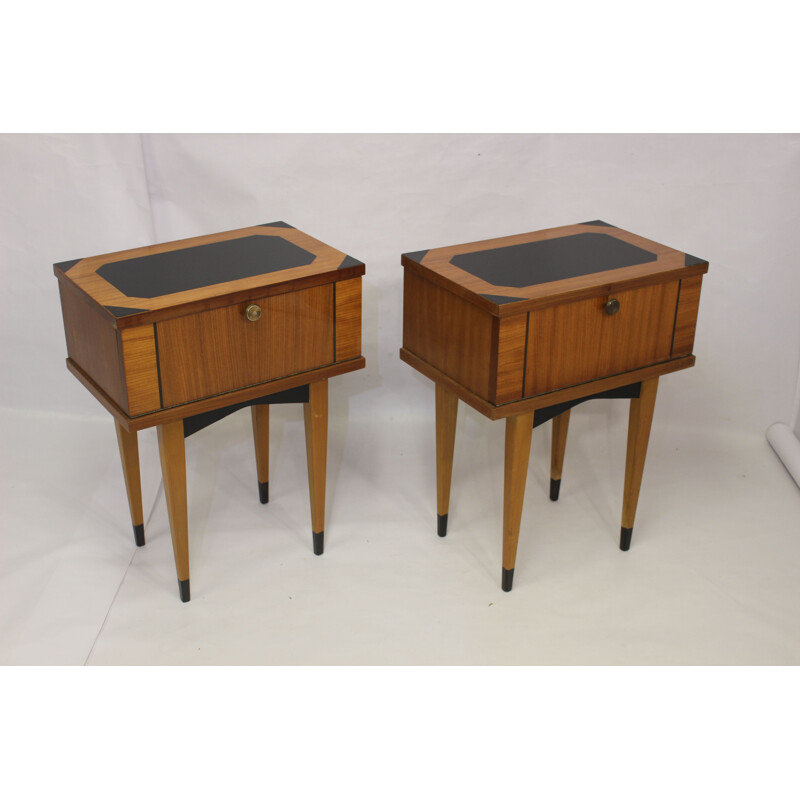 Pair of vintage bedside tables varnished 1950s