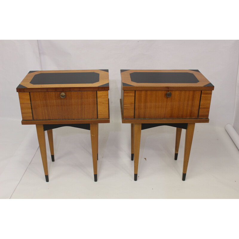 Pair of vintage bedside tables varnished 1950s