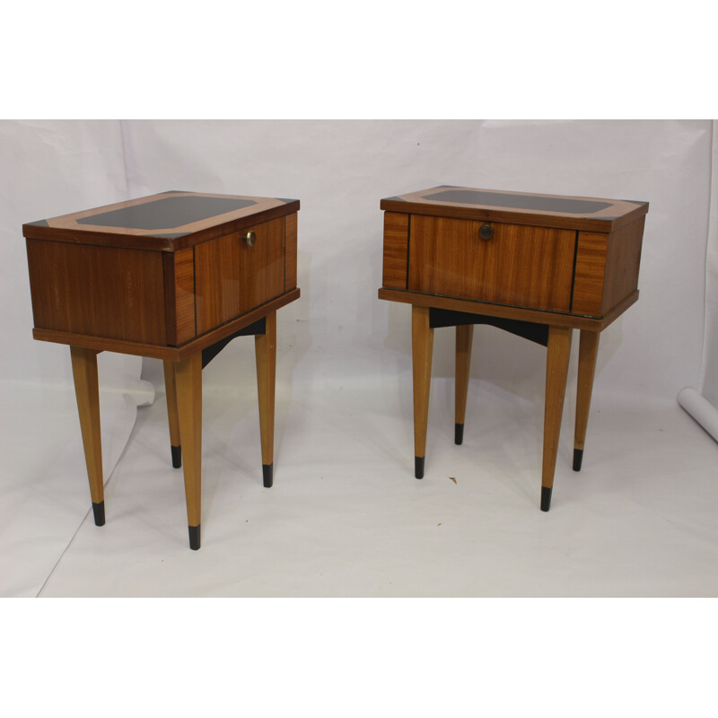 Paire de tables de chevet vintage bois vernis année 50