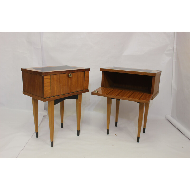 Pair of vintage bedside tables varnished 1950s