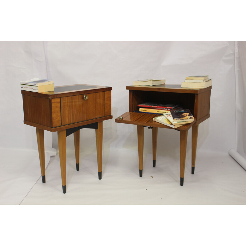 Pair of vintage bedside tables varnished 1950s