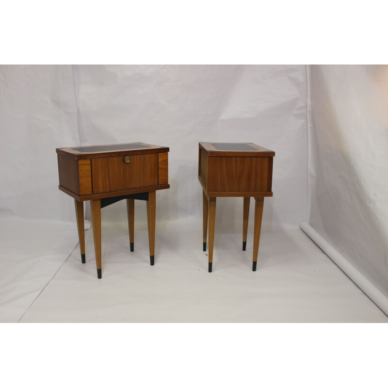 Pair of vintage bedside tables varnished 1950s