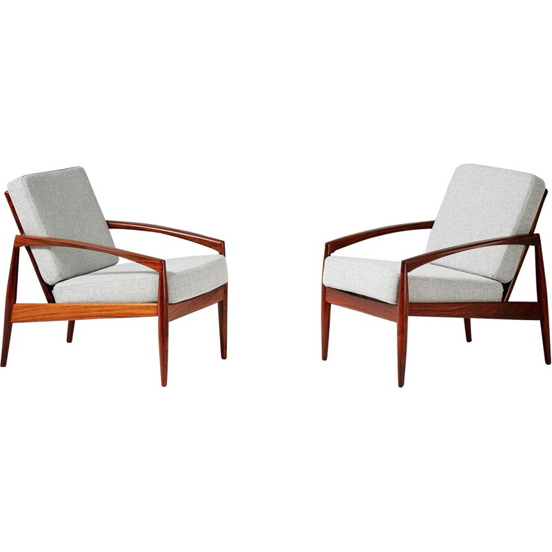 Pair of vintage armchairs in rosewood, teak and grey wool by Kai Kristiansen for Magnus Olesen, Denmark