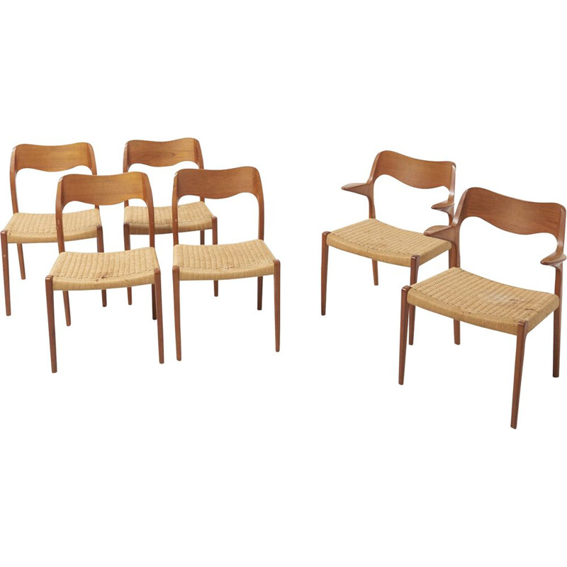 Suite de 6 chaises vintage pour J.L. Møllers en teck et corde tressée 1950