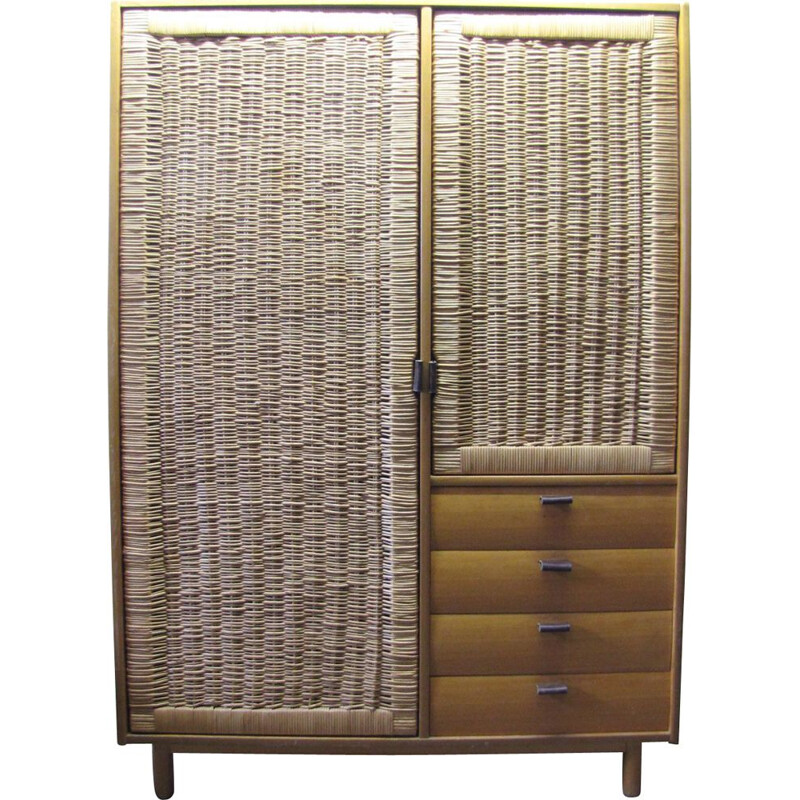 Vintage german wardrobe cabinet by Muggenthaler in beech and wicker 1960