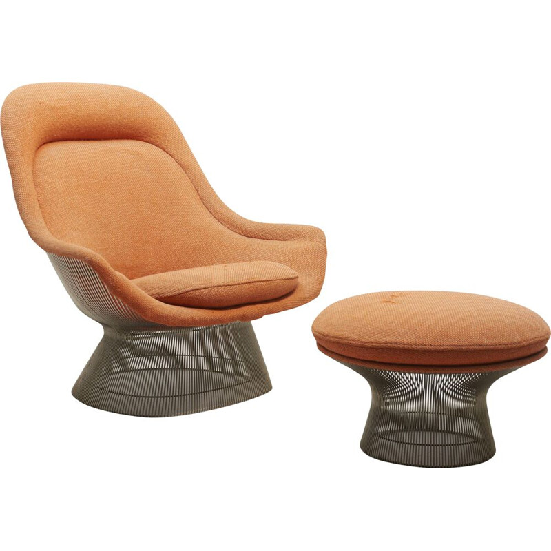 Vintage 1705 lounge chair with footrest for Knoll International in orange fabric 1960s