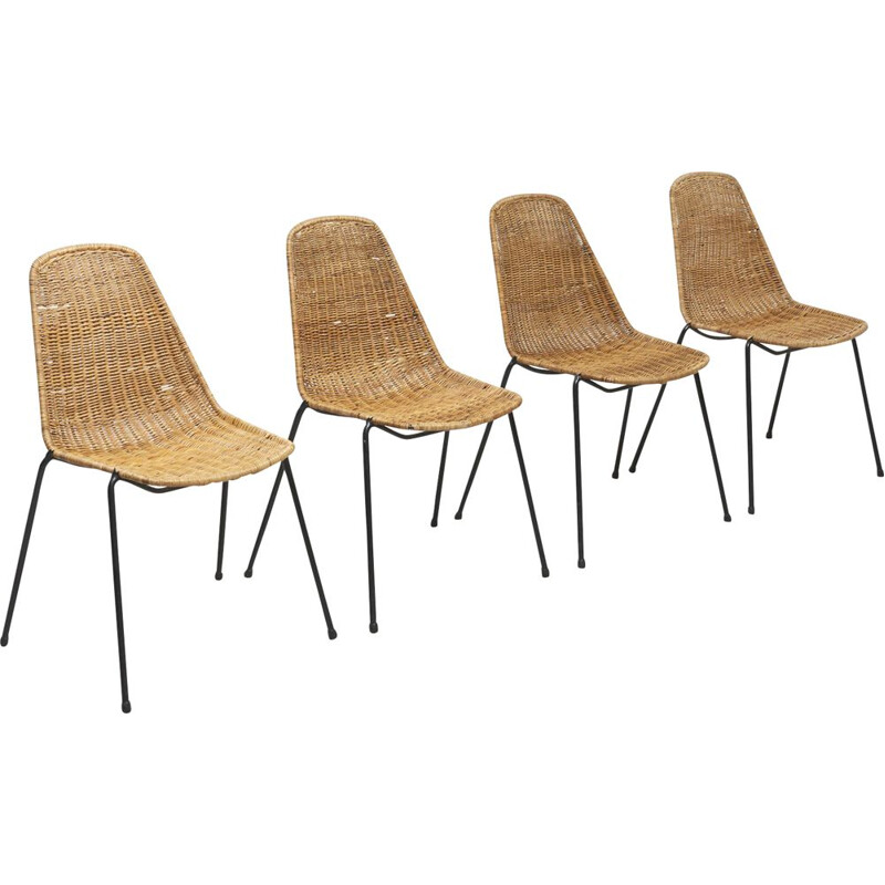 Set of 4 vintage chairs by Gian Franco Legler in rattan 1950s