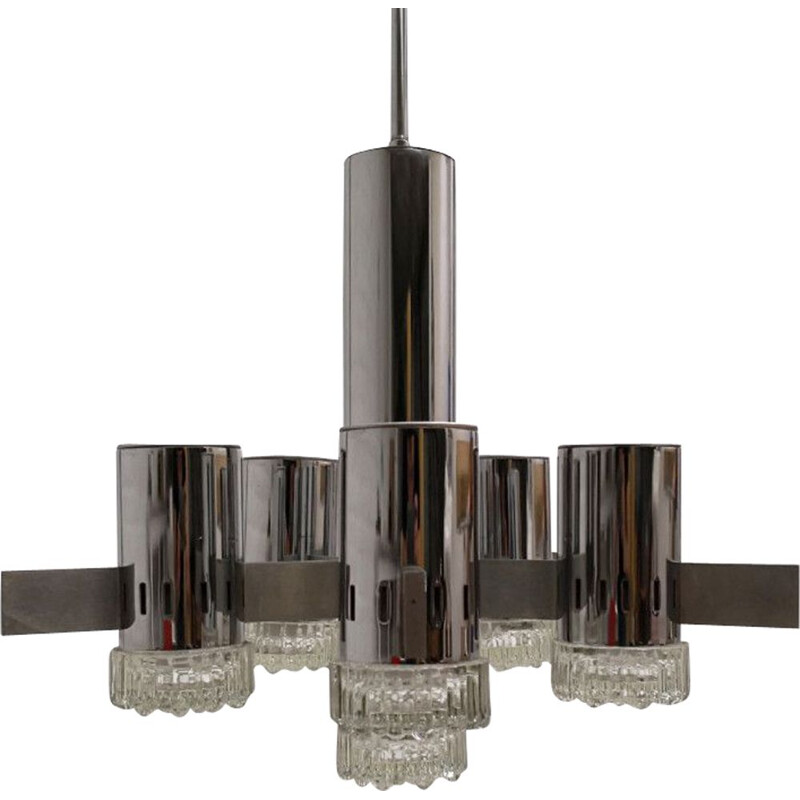 Gaetano Sciolari vintage chandelier in chrome and brushed steel 1970