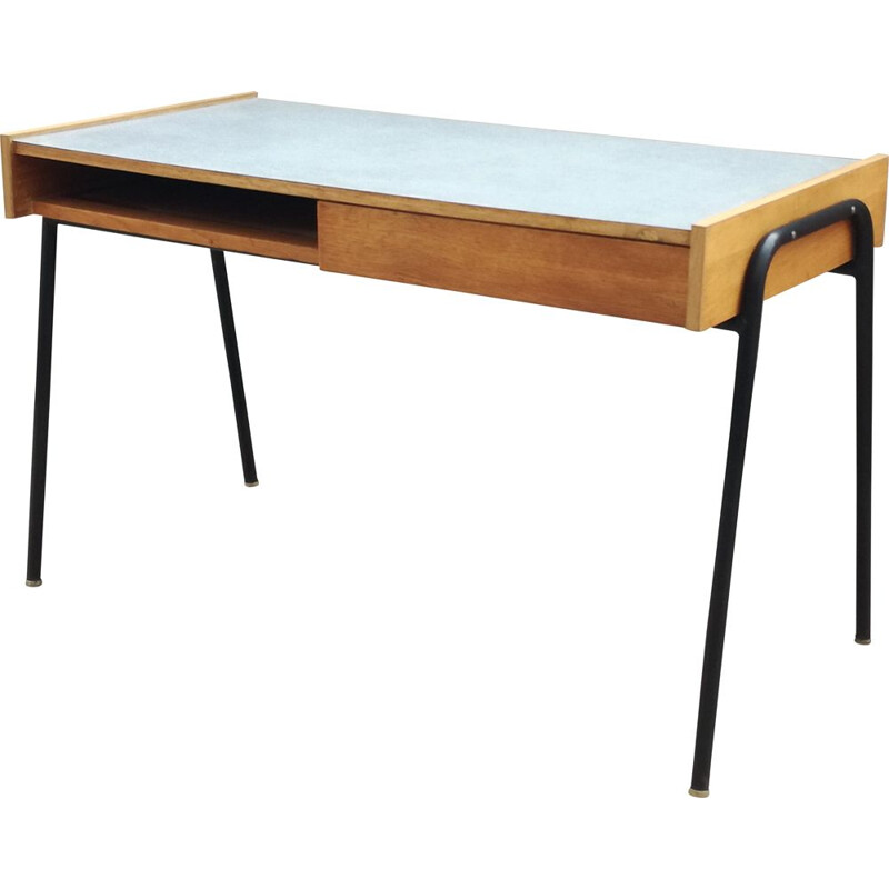 Bureau vintage Sonacotra de Pierre Guariche en chêne et métal 1950