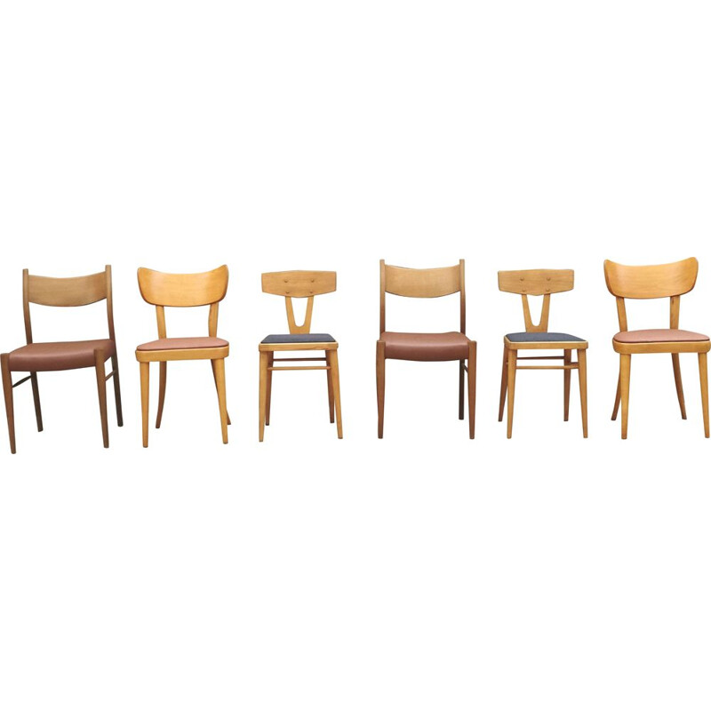 Set of 6 vintage mismatched chairs in wood 1960