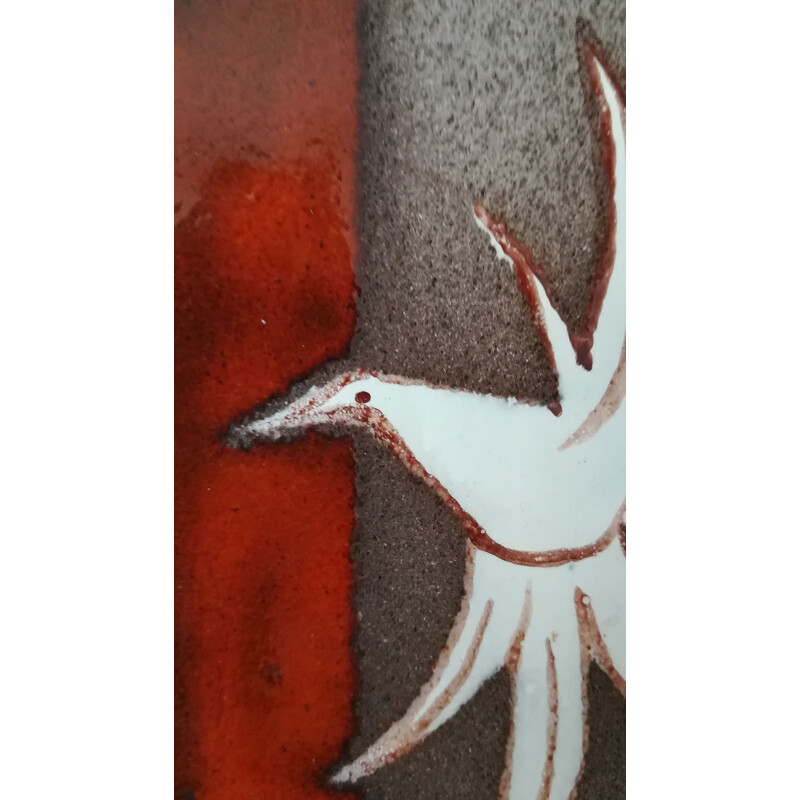 Plaque en lave émaillée vintage à décor d'oiseaux et de fleurs 1970s