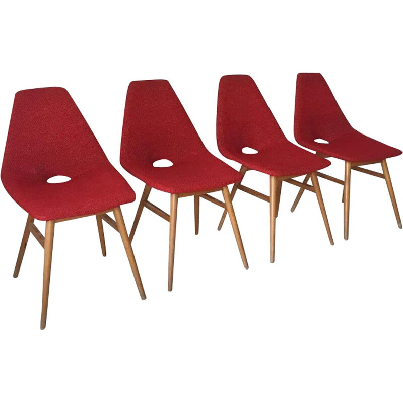 Ensemble de 4 chaises vintage en tissu rouge de Burian et Szek, 1950