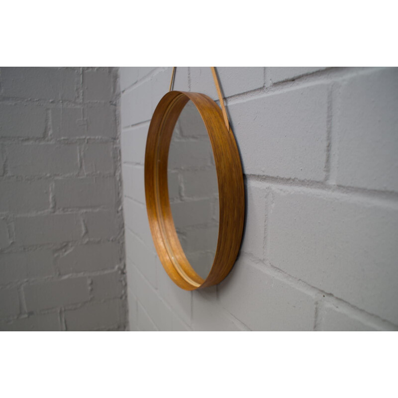 Vintage teak and leather wall mirror for Glass-Mäster, Sweden 1960