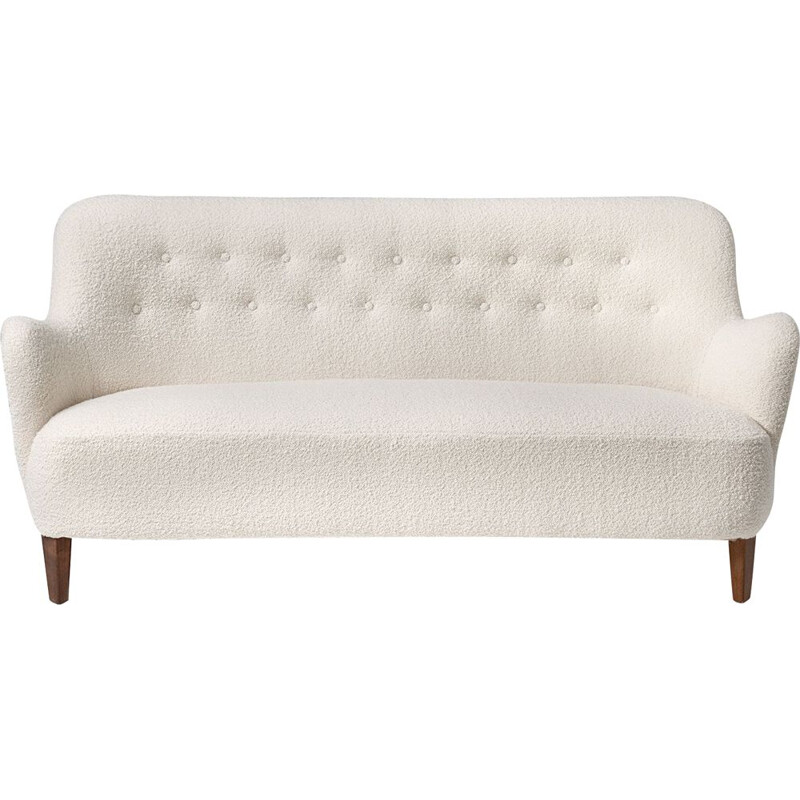 Vintage swedish sofa by Carl Malmsten in white wool and beech 1950s