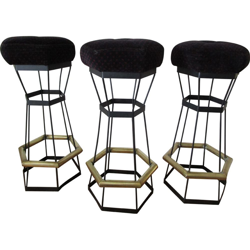 Trio of vintage bar stools in brass and black metal 1980