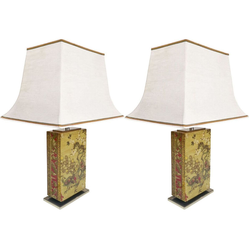 Pair of vintage Chinese lamps for Belgo Chrom in steel and fabric 1970