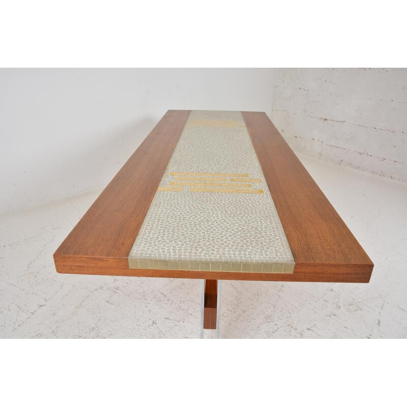 Long vintage ceramic and teak coffee table 1970