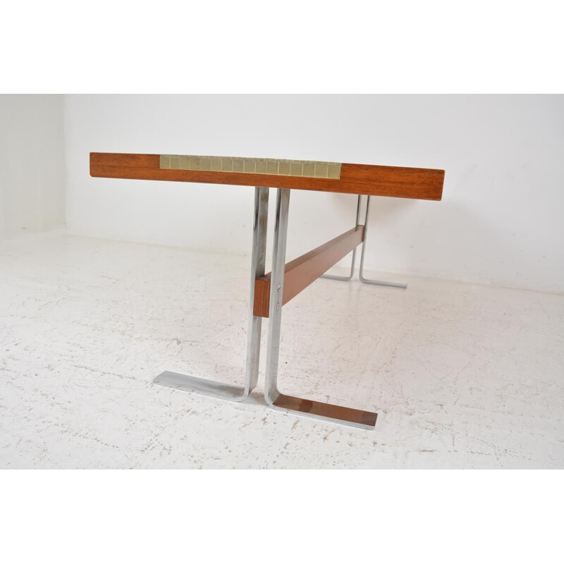 Longue table basse vintage en céramique et teck 1970