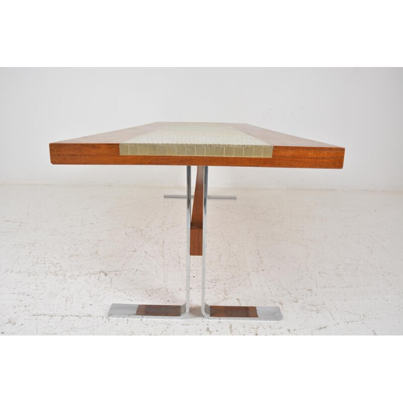 Longue table basse vintage en céramique et teck 1970