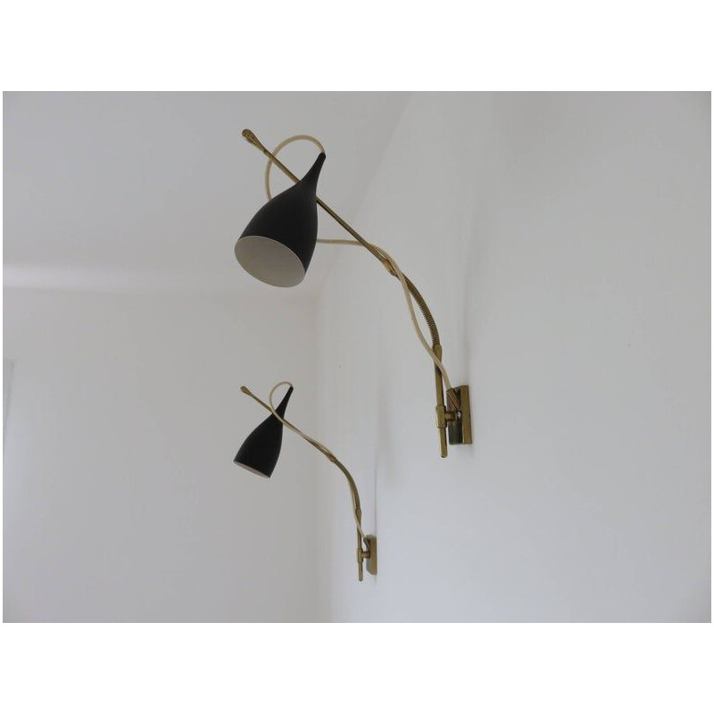 Pair of vintage Pulcinella sconces for Arredoluce in aluminium and brass 1950