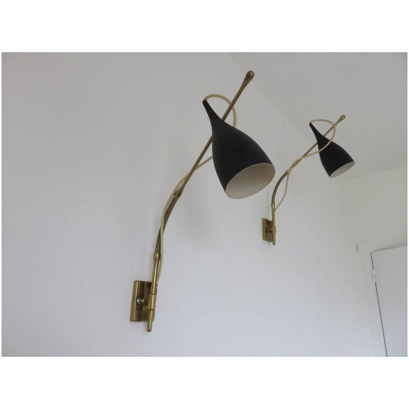 Pair of vintage Pulcinella sconces for Arredoluce in aluminium and brass 1950