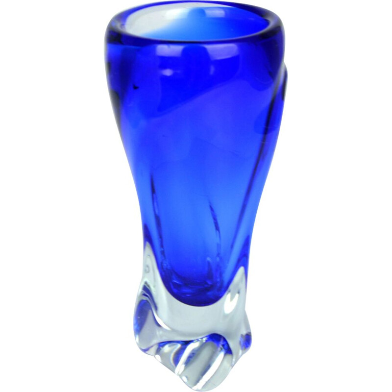 Vintage blue glass vase by J. Beranek Skrdlovice, Czechoslovakia 1960