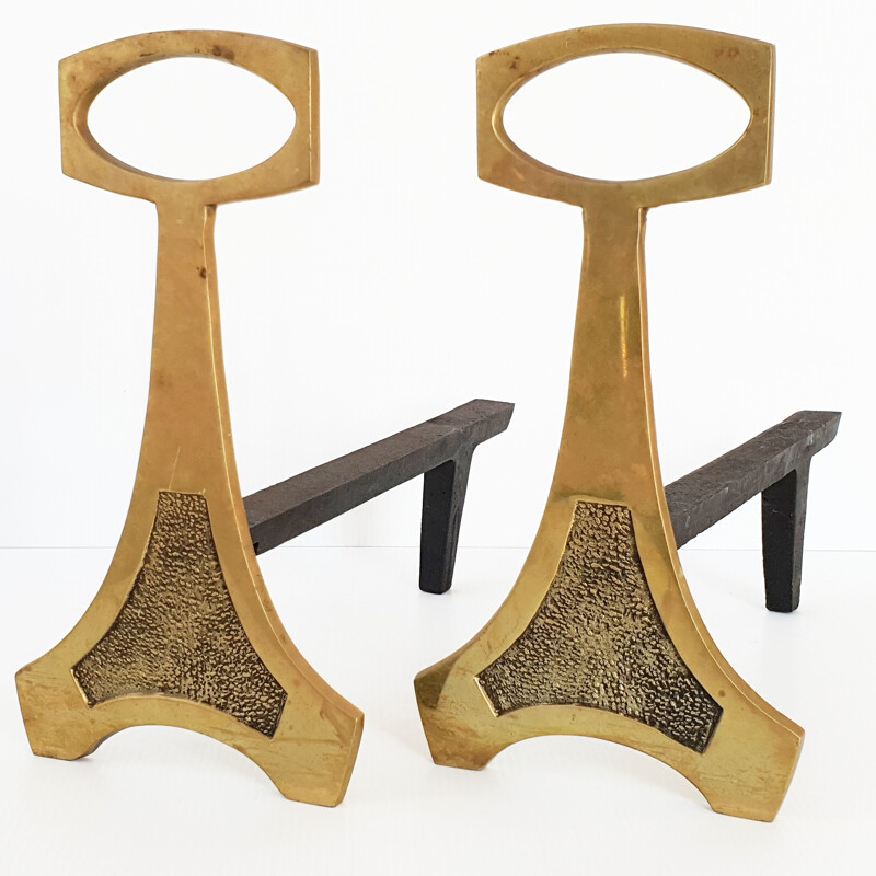 Pair of vintage bronze and steel cast andirons 1970