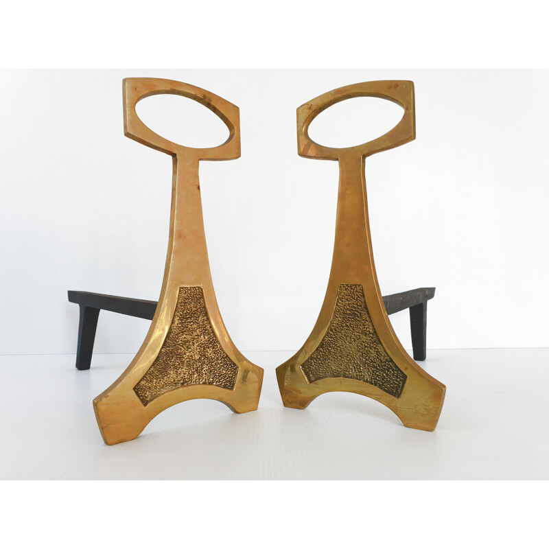 Pair of vintage bronze and steel cast andirons 1970
