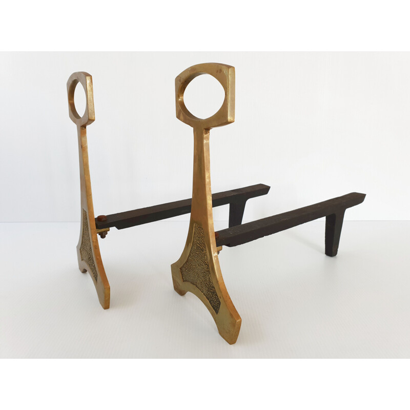 Pair of vintage bronze and steel cast andirons 1970