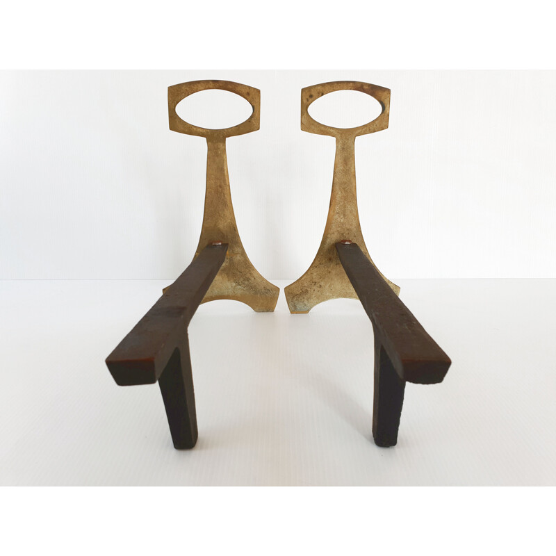 Pair of vintage bronze and steel cast andirons 1970