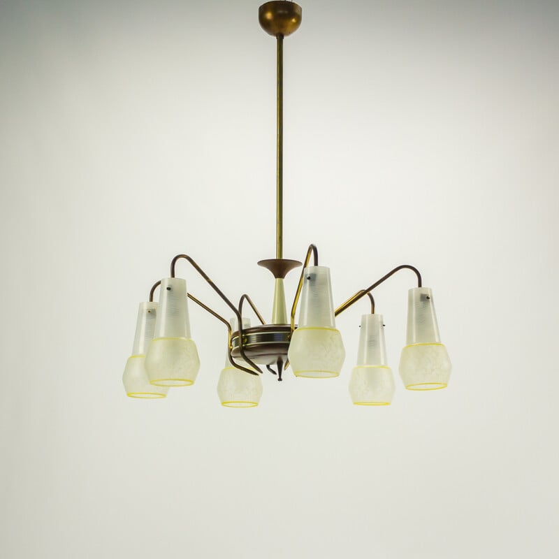Vintage stilovo style teak and glass chandelier - 1950s